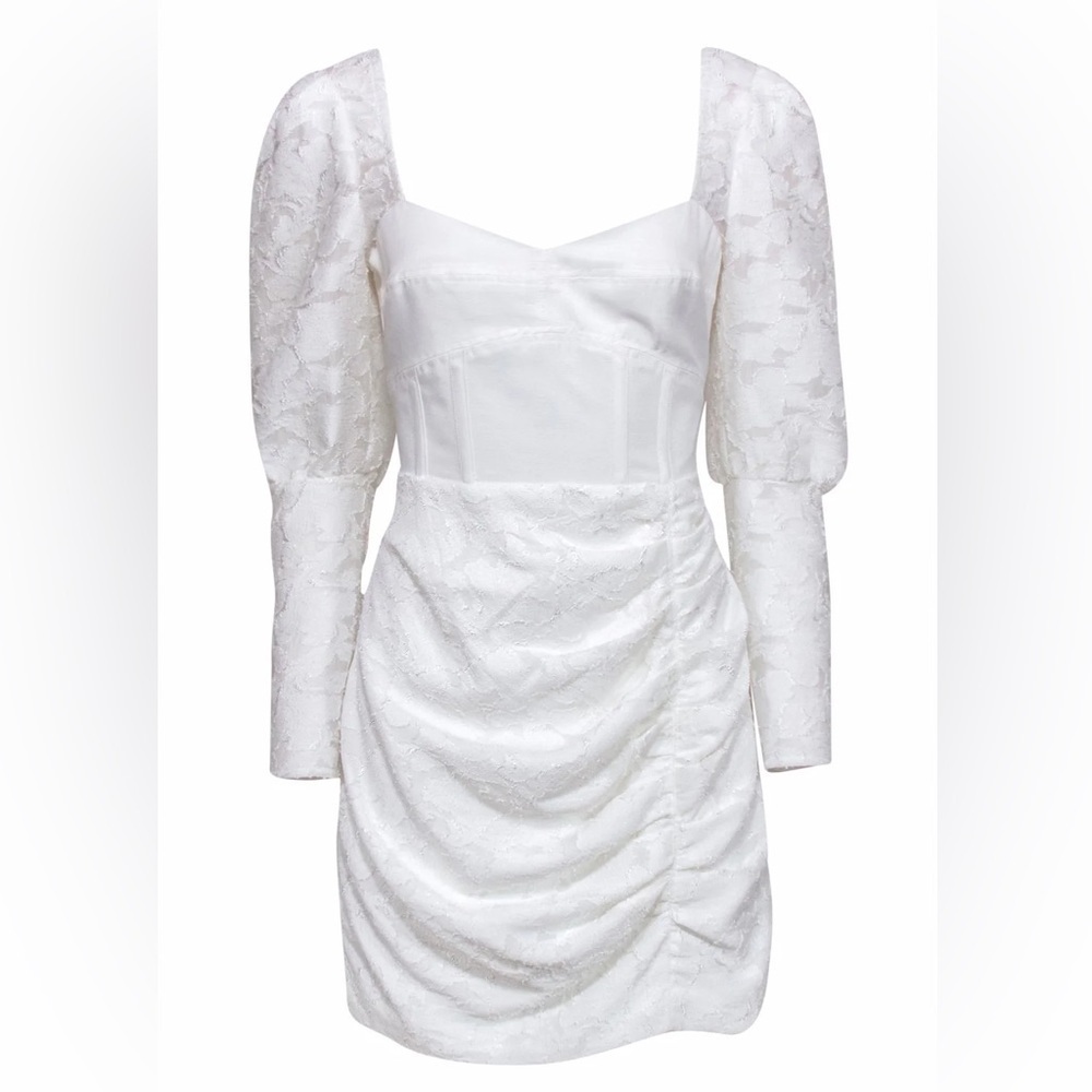 Self-Portrait White Lace Mini Dress Corset Puff Sleeve Bridgerton Bridal Sz 6 - Picture 3 of 14